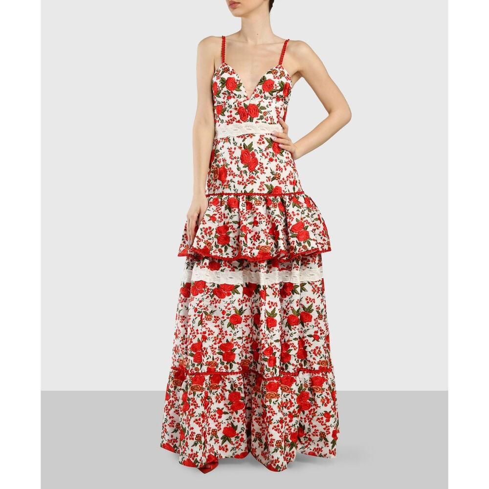 Alexis Naomie White Red Tiered Maxi Dress Rose Embroidery Pleated Peplum Size L